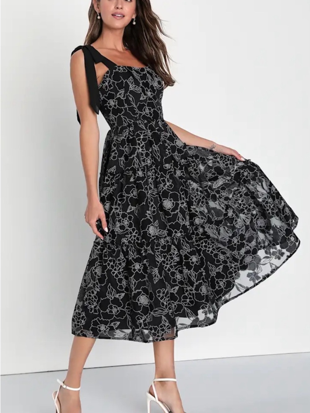 Lulu's Black Midi Dress with White Floral Embroidery and Tie Shoulders